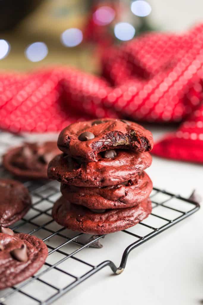 a stack of four Gluten Free Red Velvet Cookies 