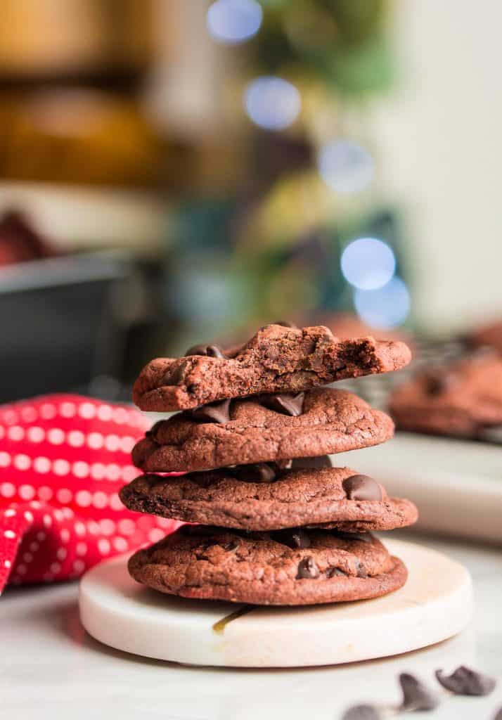 Paleo Red Velvet Cookies stacked on top of each other