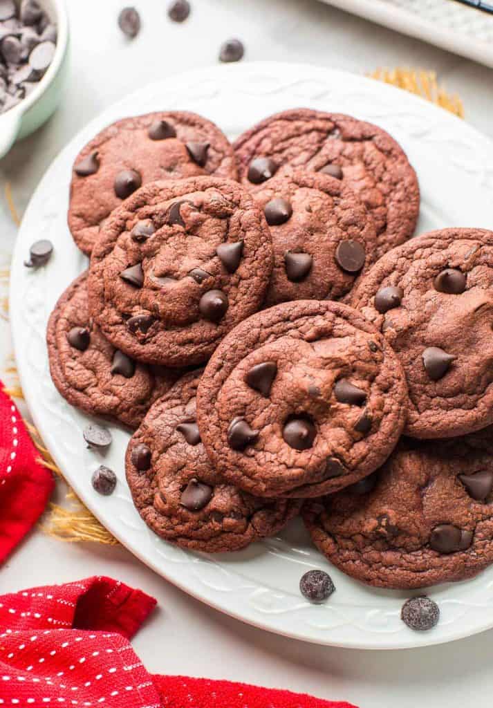 Paleo Red Velvet Cookies piled on a plate