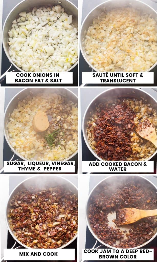 bacon jam ingredients mixing together in different steps