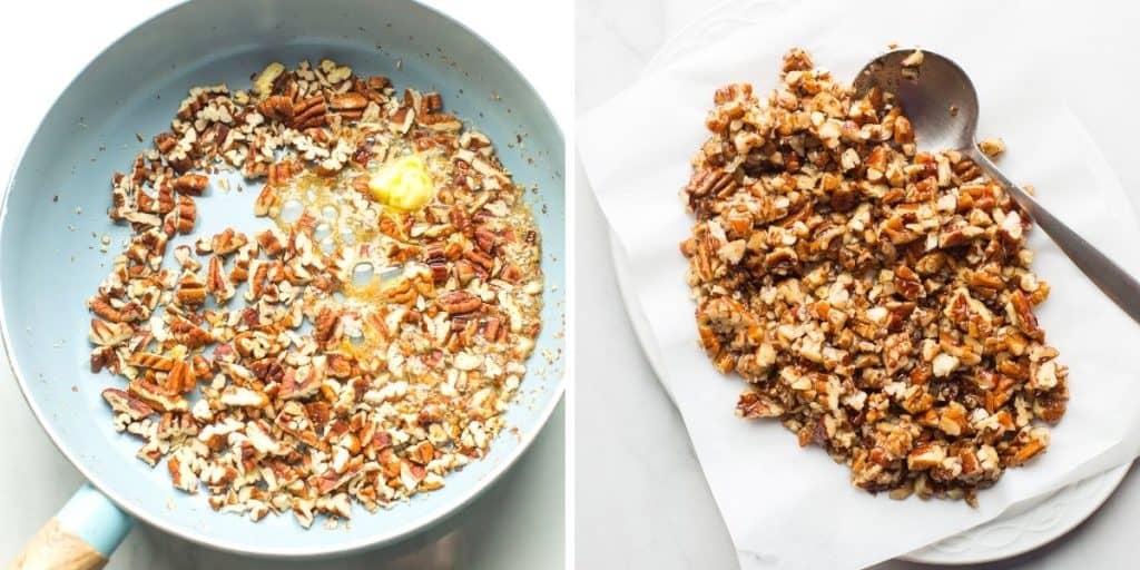 pecans with butter in a skillet and cooling on a plate