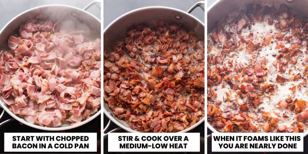 Three stages of cooking bacon.