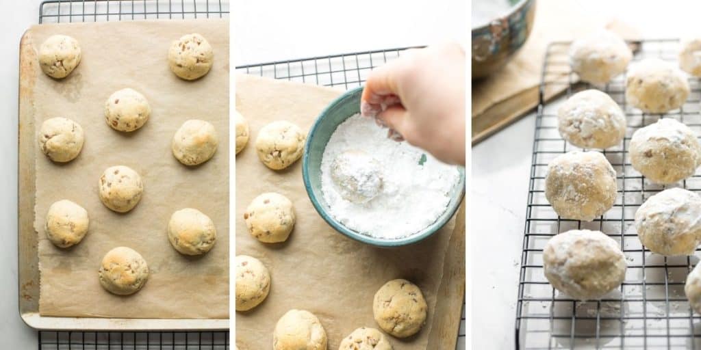 freshly baked Buttered Pecan Meltaways rolling in powdered sugar