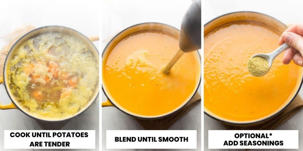 collage showing the steps for blending this soup and adding additional seasonings