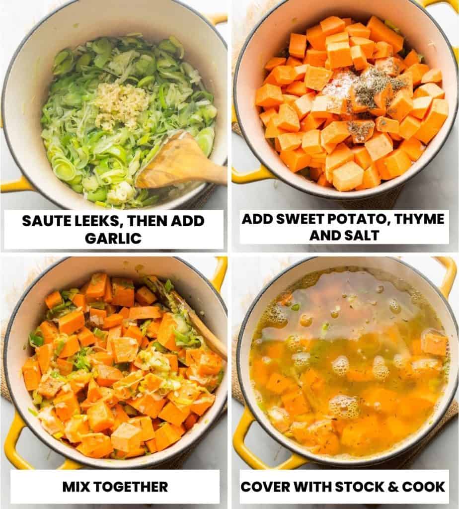 Leek and Sweet Potato Soup steps collage
