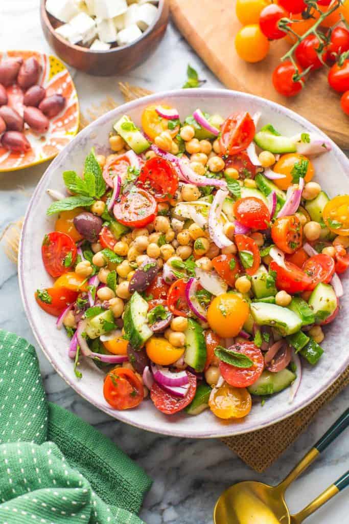 Greek Chickpea Salad topped with an herb vinaigrette 