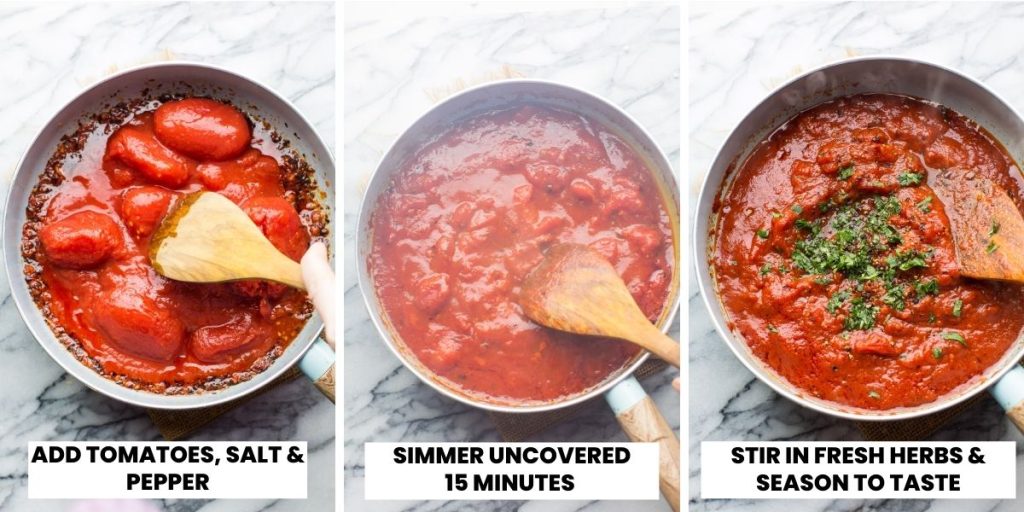 Arrabbiata Sauce collage - simmering the tomatoes and seasoning with fresh herbs