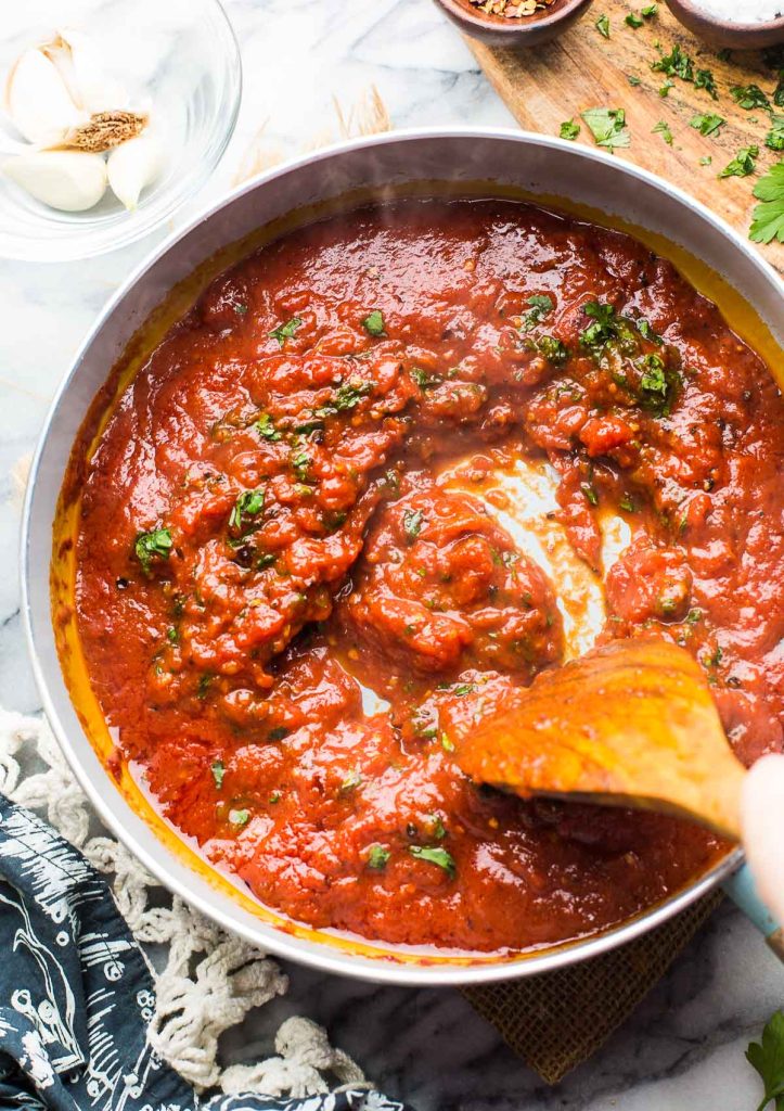 Arrabbiata Sauce stirred in a pan 