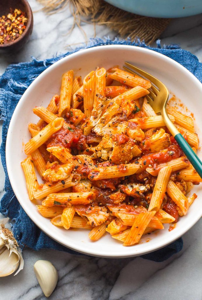 penne pasta with roasted cauliflower in Arrabbiata Sauce