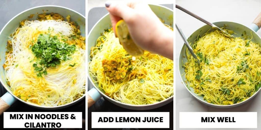 Bangladesh style Fried Vermicelli Noodles collage mixing the ingredient together