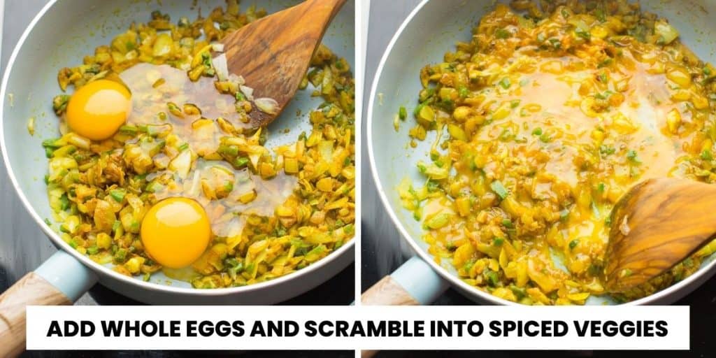 a sauté pan full of sautéd veggies and scrambled eggs