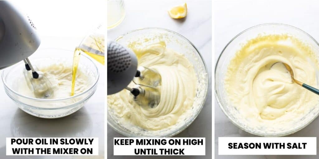 vegan mayo collage showing how to mix and add the oil