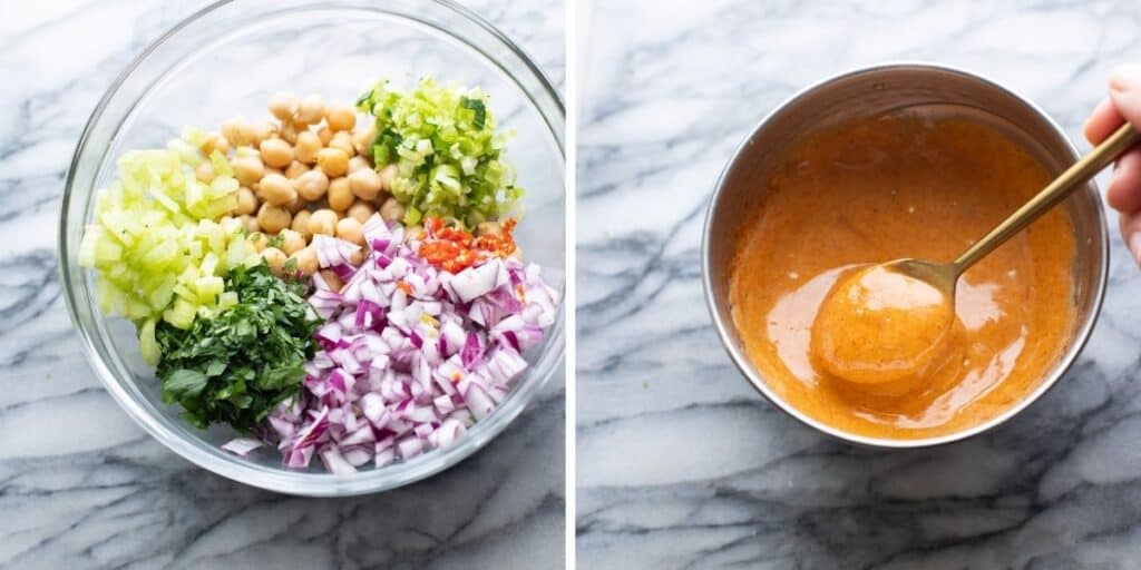 Ingredients for a smashed chickpeas salad 