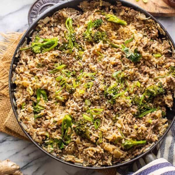 One Pot Ground Beef and Broccoli with Rice in a cast iron pan