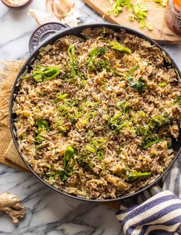 One Pot Ground Beef and Broccoli with Rice in a cast iron pan