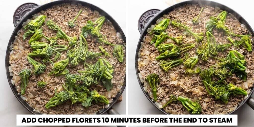 broccoli florets added to the beef and rice - before and after steaming