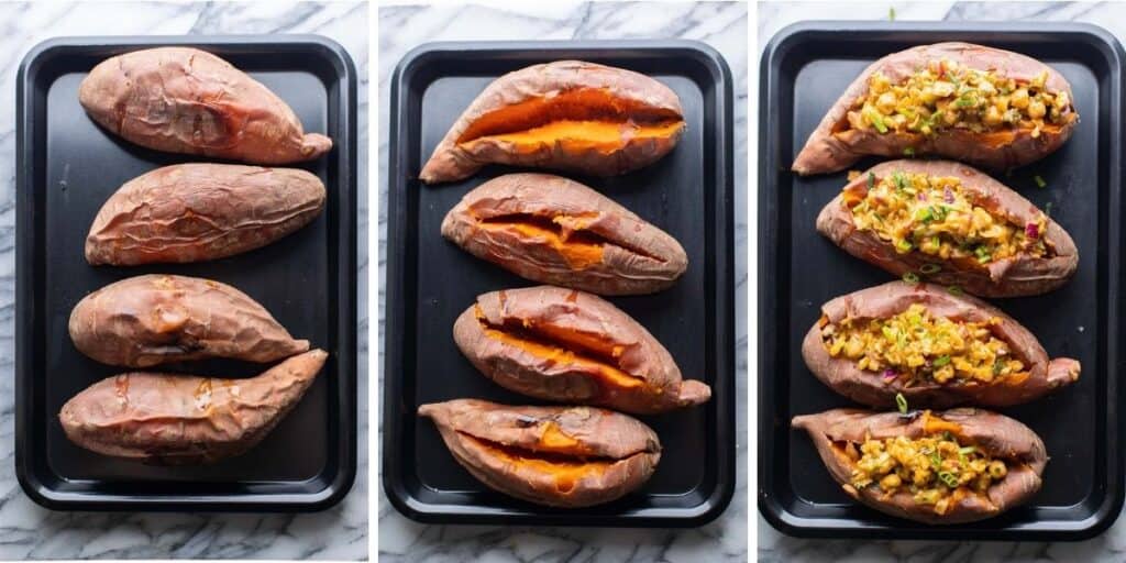 Baked sweet potatoes on a baking sheet