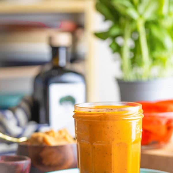 red pepper miso dressing in a jar