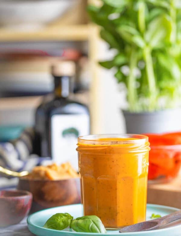 red pepper miso dressing in a jar