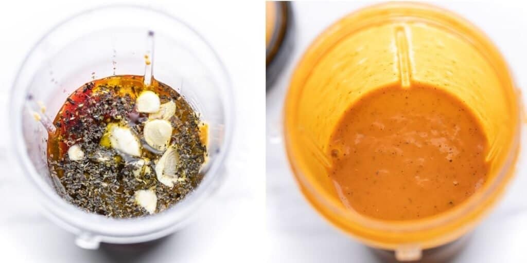 before and after red pepper miso dressing ingredients blended up