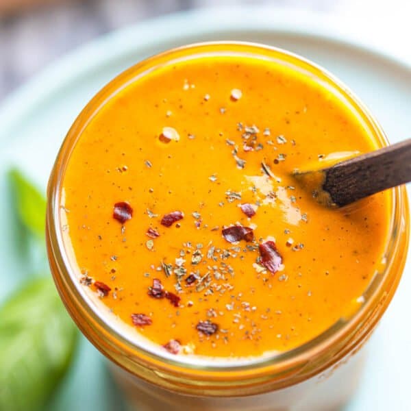 red pepper miso dressing in a jar