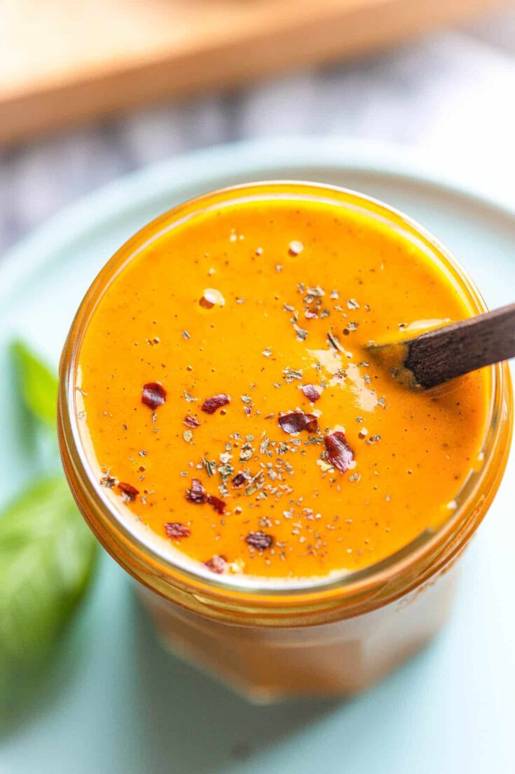 red pepper miso dressing in a jar