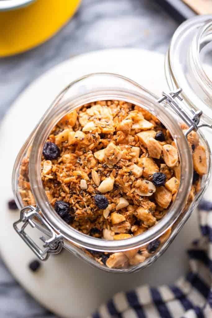 grain free granola in a storage jar