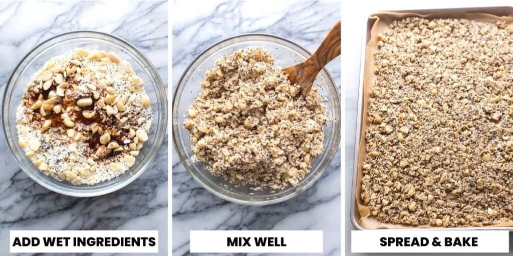 grain free granola collage - the granola in a bowl mixed with the sweetener then spread out on a baking sheet