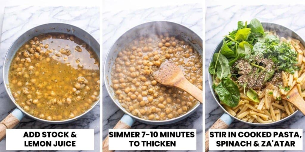 chickpeas simmering and pasta ingredients mixing together