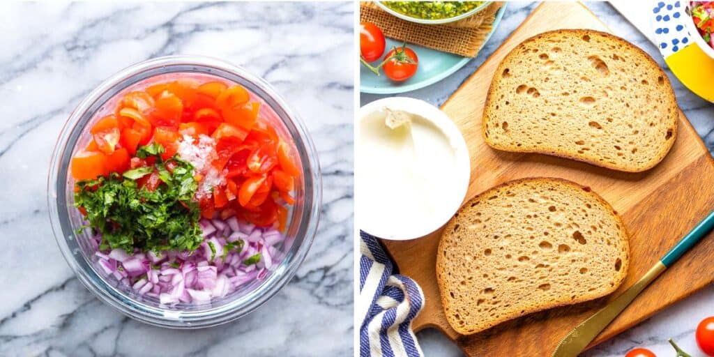 tomato salsa and pesto toast ingredients collage