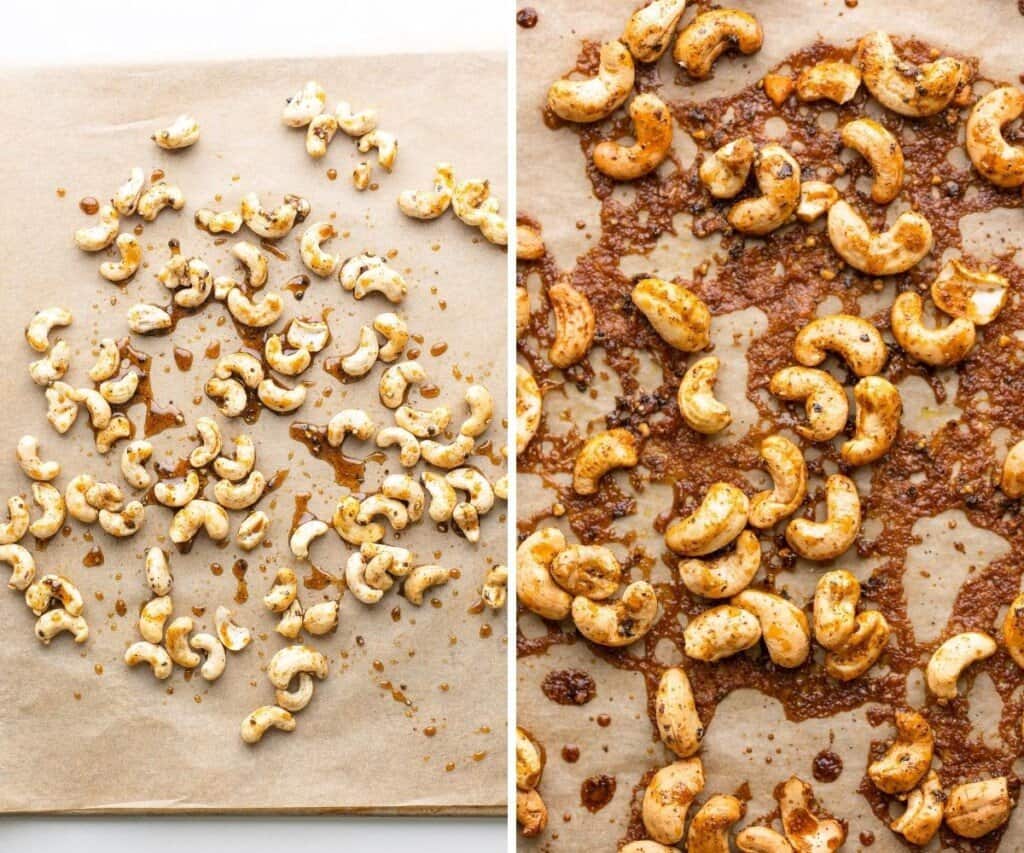 sweet-chili-roasted-cashews collage before and after roasting