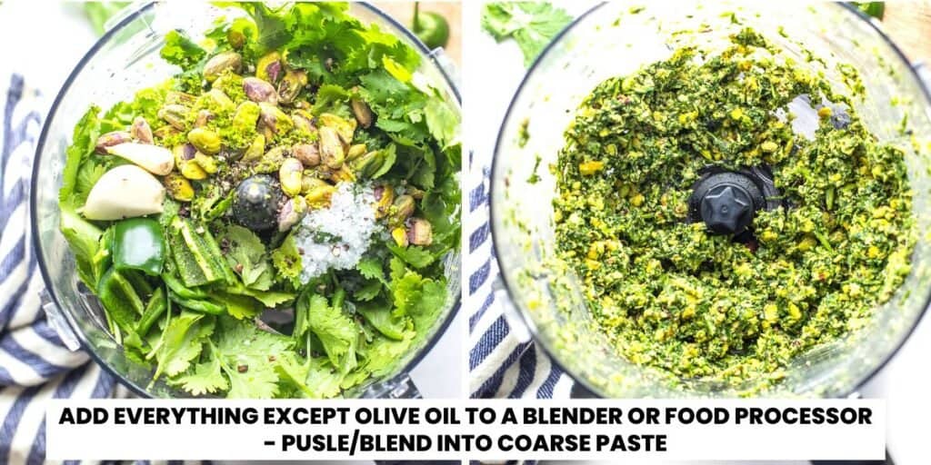 cilantro pesto ingredients in blender before and after mixing