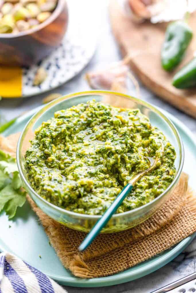 a serving bowl with cilantro pesto