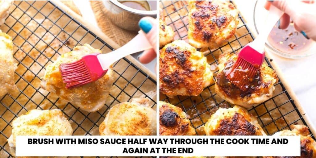 chicken thighs on a wire rack getting brushed with a miso glaze