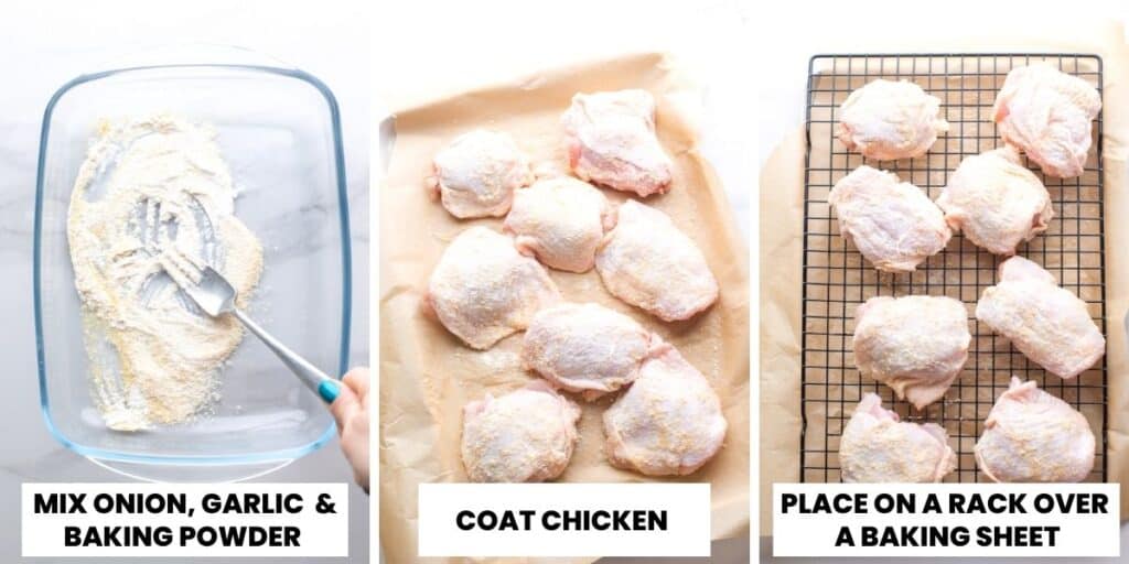 chicken thighs dredged in a mixture of onion powder, garlic powder and baking powder then spread across a wire rack over a baking dish