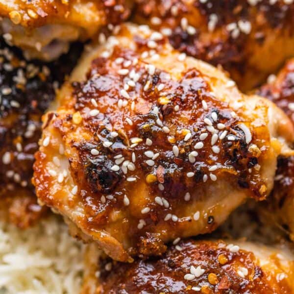 chicken thighs coated in a sticky miso glaze