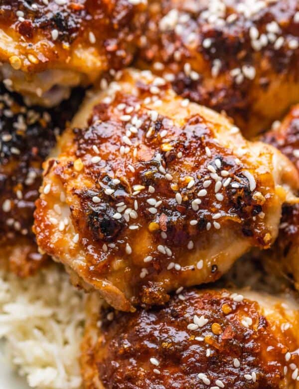 chicken thighs coated in a sticky miso glaze