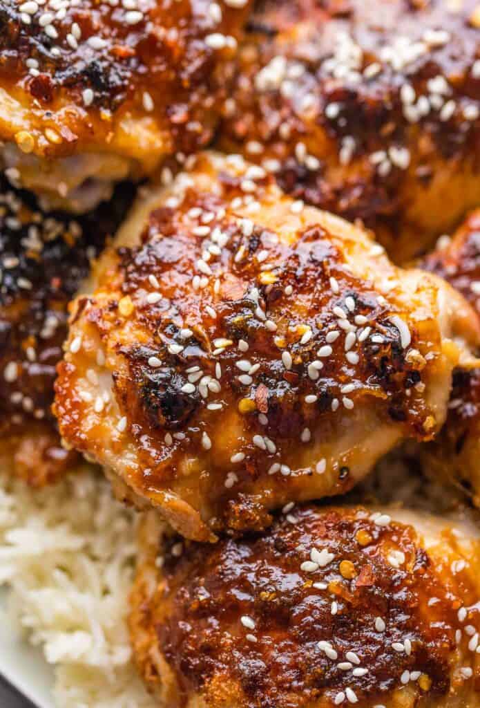 chicken thighs covered in a sticky miso glaze and topped with sesame seeds