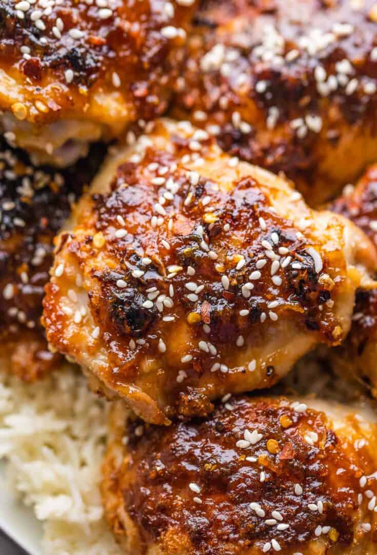 chicken thighs coated in a sticky miso glaze