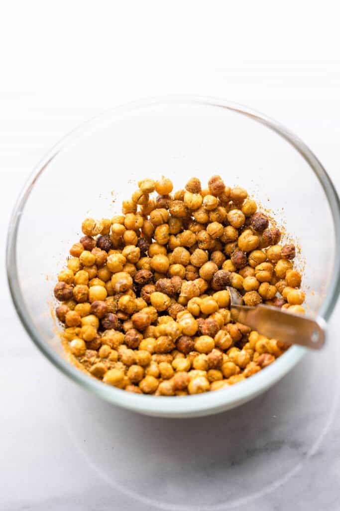 crunchy chickpeas in a bowl mixed with spices