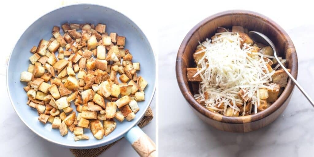 toasted bread in a pan then tossed in a bowl with parmesan