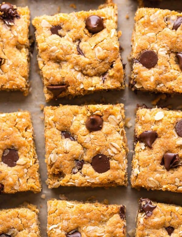 peanut butter cookie bars cut into squares