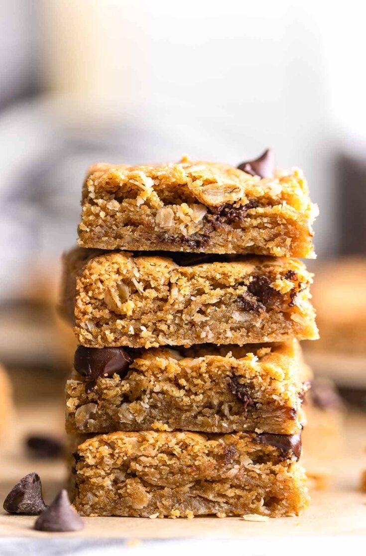 a stack of four Peanut Butter Cookie Bars with Oats
