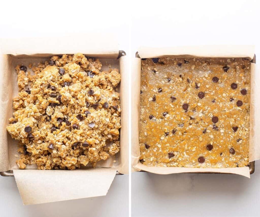 peanut butter cookie dough packed into baking pan