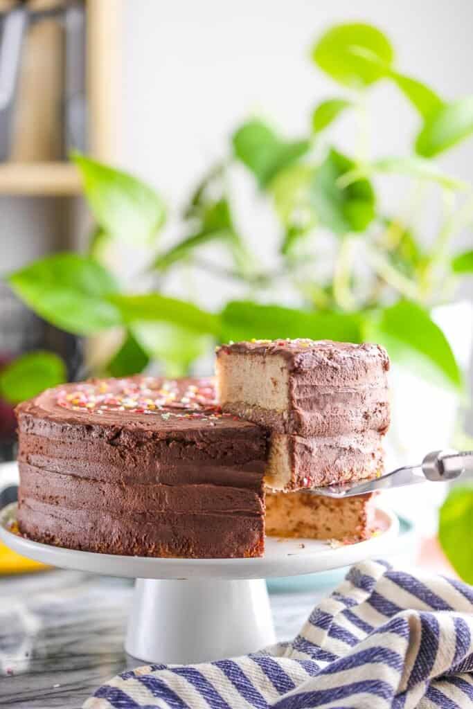 chocolate frosted cake on a cake stand 