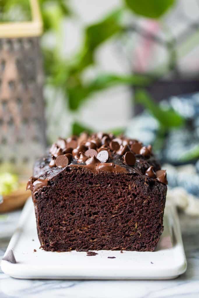 gluten free chocolate zucchini bread loaf cut in half 