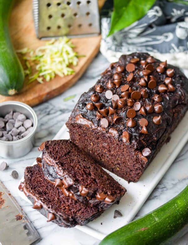 chocolate-zucchini-bread load on a serving board