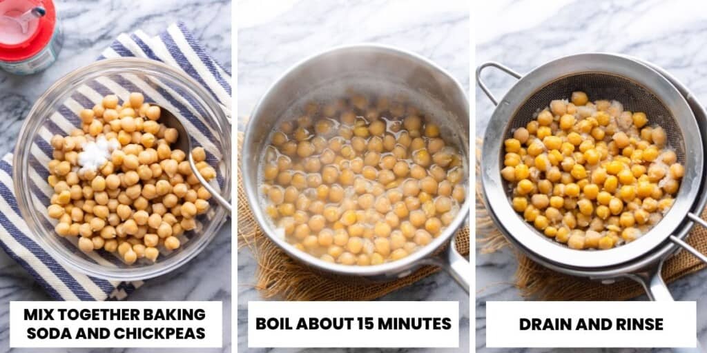 chickpeas boiling in baking soda water