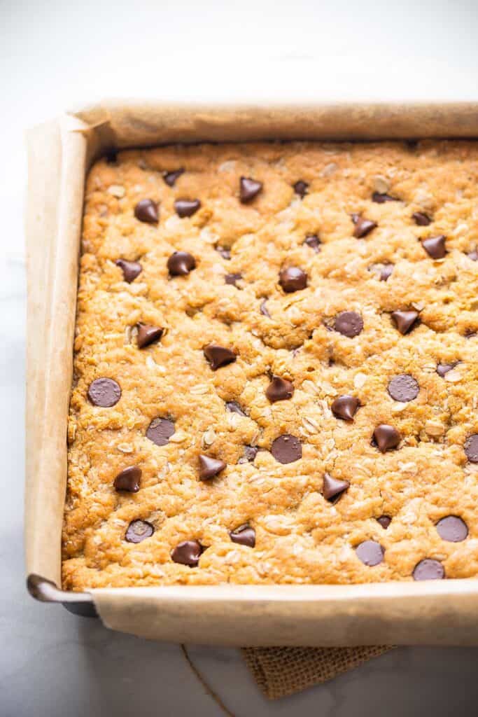 freshly baked Peanut Butter Cookie Bars with Oats still in the baking pans