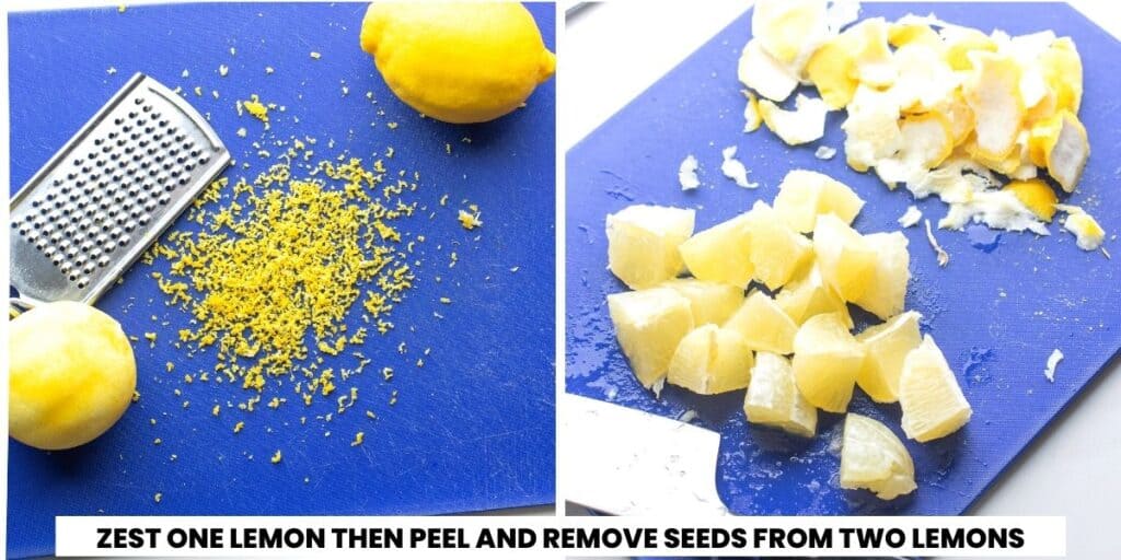 one grated lemon and two peeled and chopped lemons on a cutting board